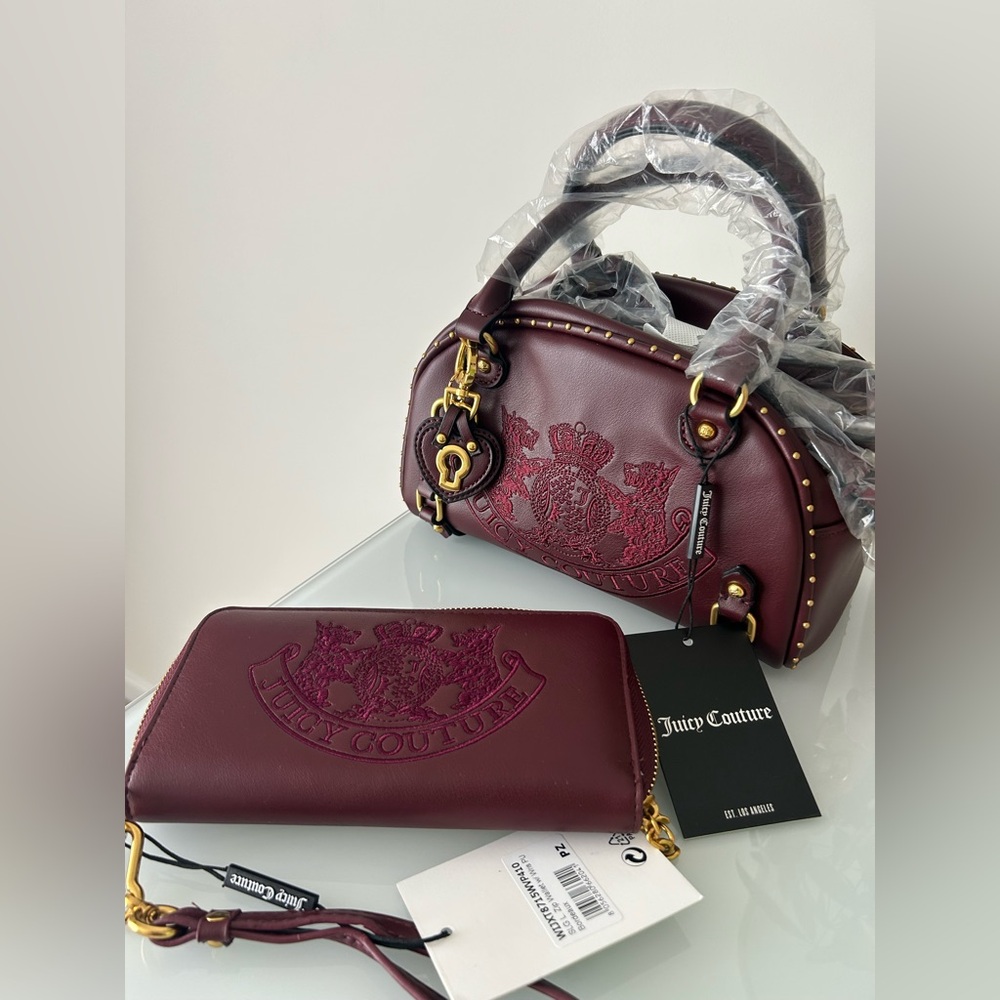 Rare Juicy Couture UK Scottie Dog Burgundy Bowler Bag & Wallet Set
